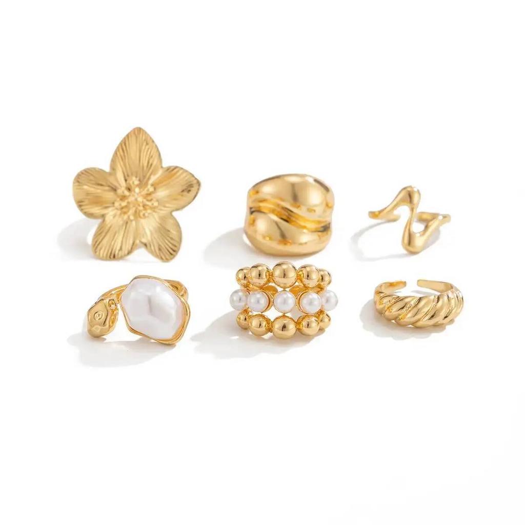 SHIXIN 6Pcs/Set Bohemian Vintage Gold Color Flower Open Joint Ring for Women Charm Imitation Pearl Knuckle Rings Wedding Jewelry