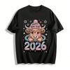 Happy New Year 2026 Cute Highland Cow Graphic Top Pure Cotton T-shirt