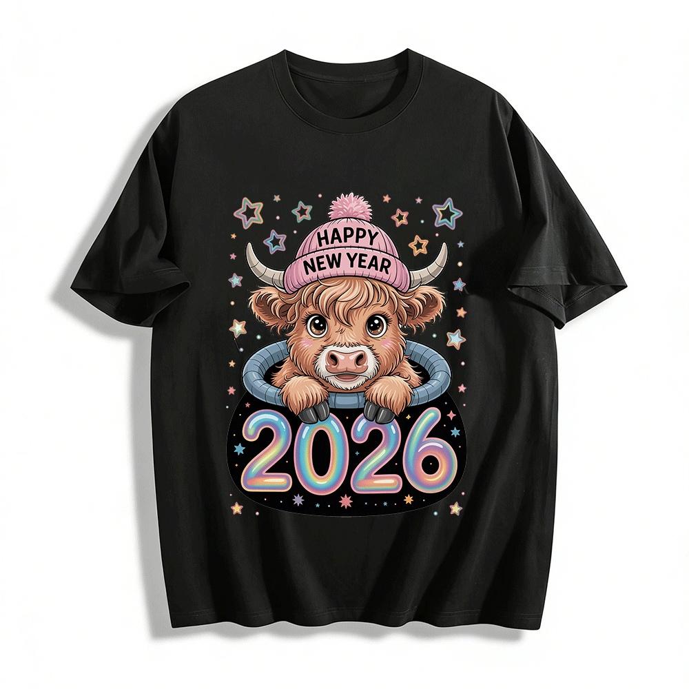 

Happy New Year 2026 Cute Highland Cow Graphic Top Pure cotton T-shirt XXS