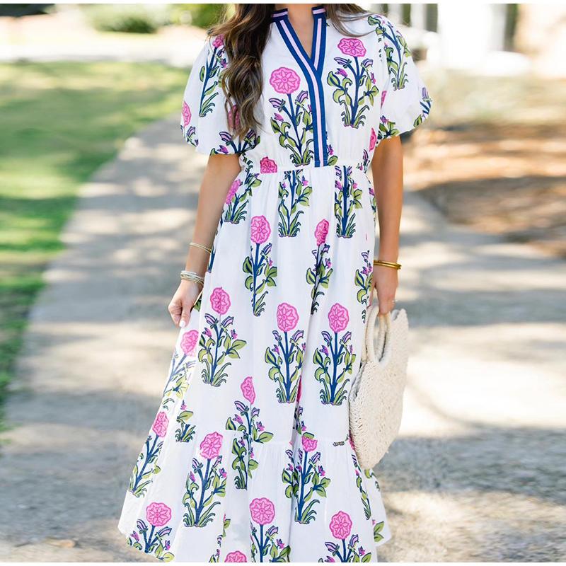2025 New Women's V-neck Flower Print Dress