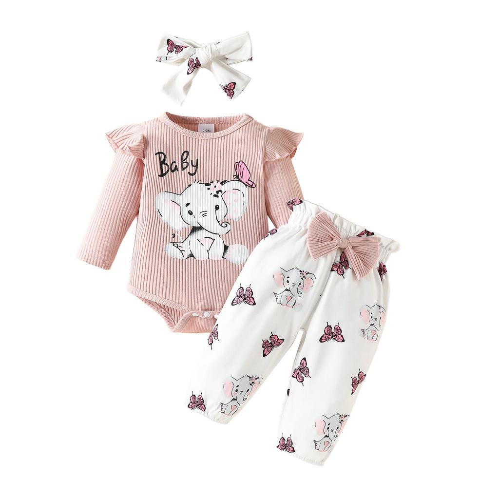 Set Bodysuit cu Mânecă Lungă și Pantaloni cu Fundiță Elefant Bebeluș