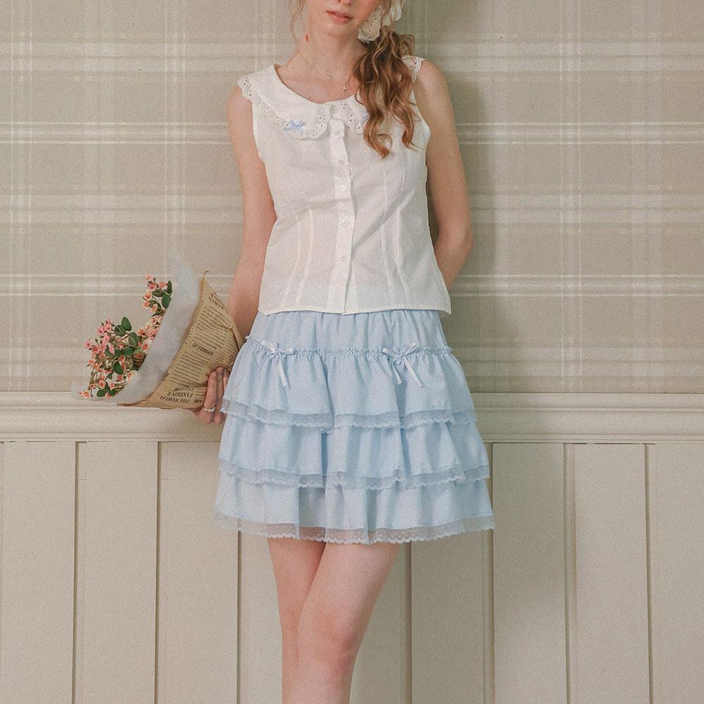 Ceme Adu Cest_Double Bow Lace Tiered Mini Skirt_Blue