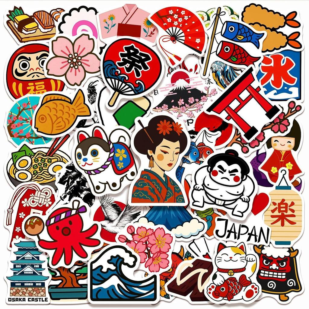 Japanese culture stickers 50 pieces suitable water bottles laptops skateboards guitars scrapbooking journaling applicable suitcases cars motorcycles