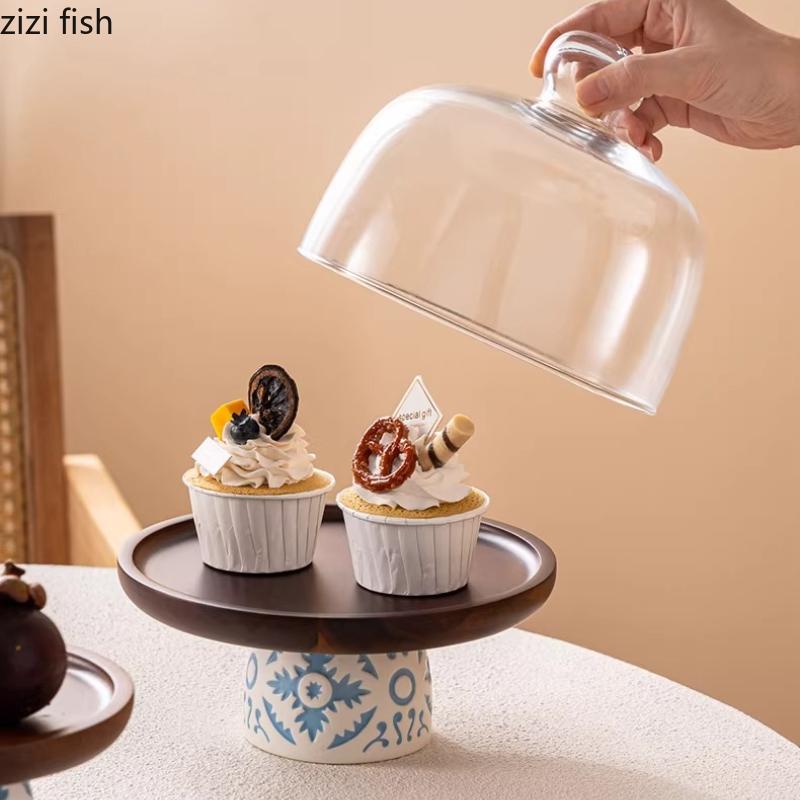 Ceramic Base Wooden Cake Tray High Footed Dessert Plate Cake Stand Display Cover Dim Sum Dish Pastry Plate Fruit Plates Bowl