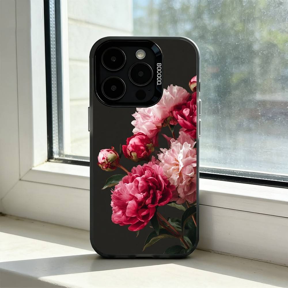 Elegant Peony F-Flower Phone Case For iPhone 17,16,15,14,13,12,11 Plus,Pro Max,XS,Colorful Silver Black Cover