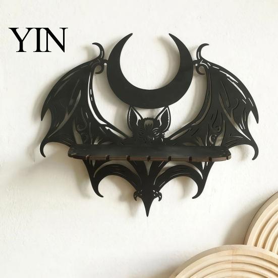 Gothic Style Storage Bat Wall Shelf, Mount Wooden & Moon Rack, Creative Wing Display Stand Floating Shelf for Bedroom Living Room Halloween