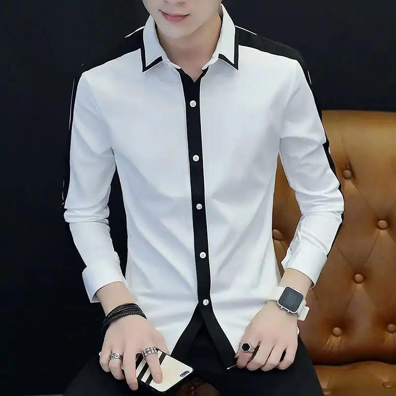 Herren Slim Fit Schwarz-Weiß Color Block Langarmhemd Lässig Business Formell Hemd