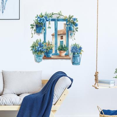 2 Pezzi Creativi Acquerello Finestra Finta Camera da Letto Soggiorno Casa Sfondo Parete Abbellimento Adesivi Murali
