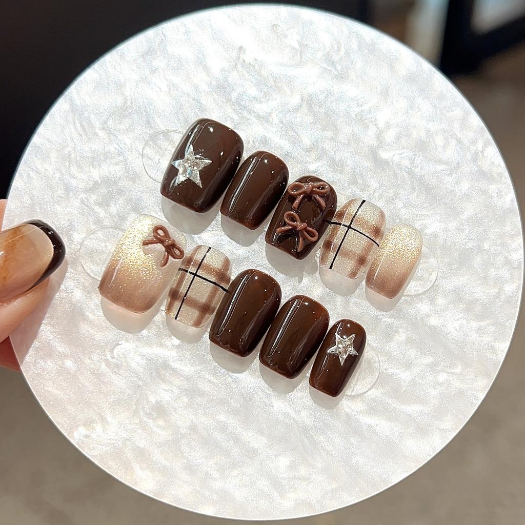 10pcs Short Square Handmade Press On Nails Brown Striped Gradient Cat Eye Full Coverage Nail Tips For Women Pure Desire