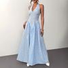 Women's Sleeveless Halter Maxi Dress V Neck Mid Waist Plaid Print A-Line Umbrella Skirt Sexy Fitted Long Dress For Summer Street Party Wear