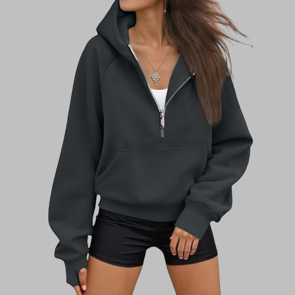 Damen Halbzip Kapuzenpullover Langarm Freizeit Sweatshirt Farbe