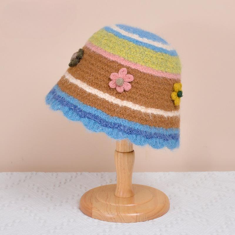 Japanese hollow knitted basin hat autumn and winter sweet dopamine wool hat women's colored flower bucket hat