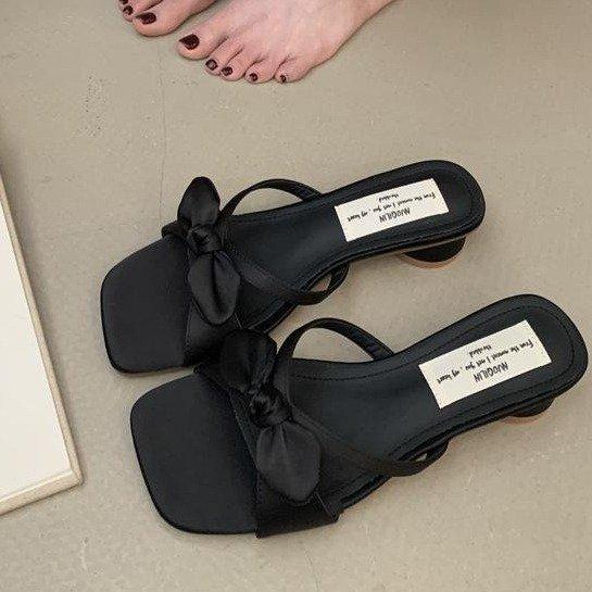 French Bow One-word Slippers Female Summer Wear with Skirt Fairy Sandals High Heels Beach Cool Slippers Women's Shoes