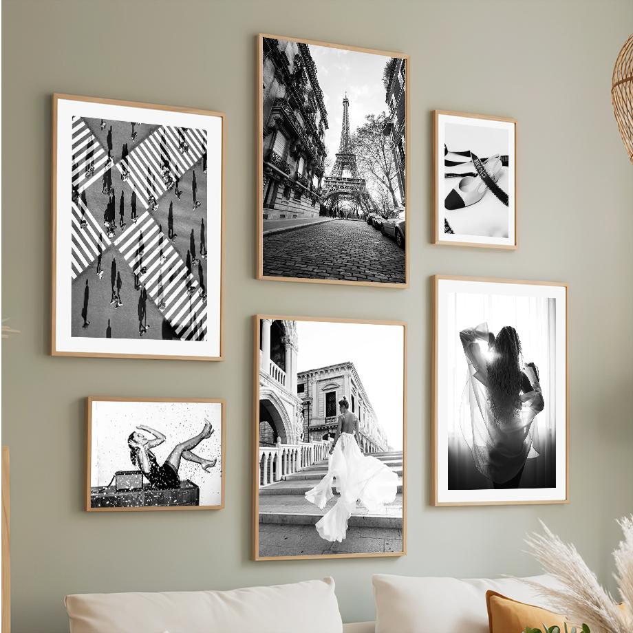 Paris Tower Fashion Girl Star Dog Black White Photos Posters Wall Art Canvas Prints Painting Picture for Living Room Home Decor