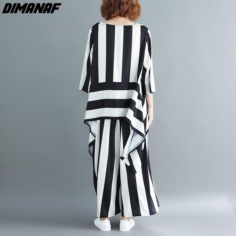 DIMANAF Plus Size Women Blouse Two Piece Set  Striped Shirts Bat Sleeve Summer Chiffon Home Tops Suit Loose Casual Solid Female Oversize