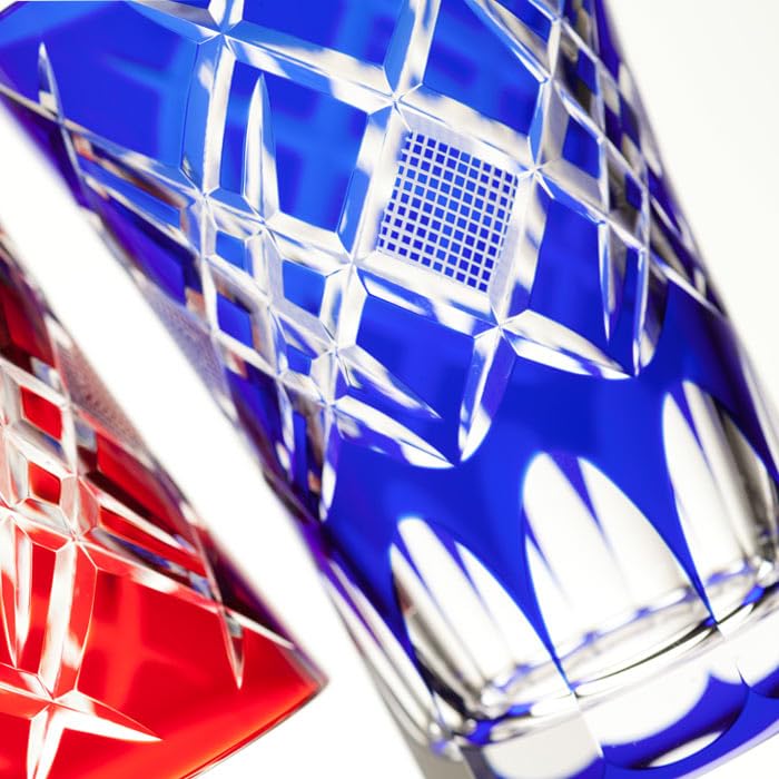 Glass Studio Saiho Edo Kiriko Open-Top Tumbler, Blue Diamond Fish Roe Pattern