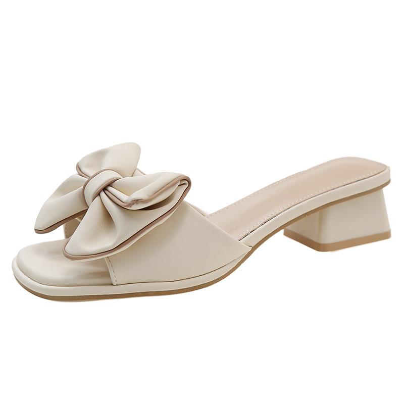 

Fashion Women s Slippers 2025 Summer New Fashion Big Bowknot Thick Heel Flip-flops Shoes Elegant Mid Heels Woman Casual Sandals 34