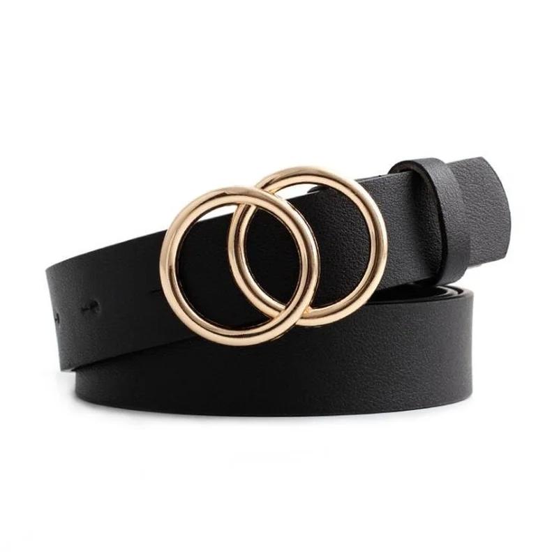 Silver Gold Double Ring Belts for Jeans Women Girls Fashion Waist Belt PU Metal Buckle Belt Leisure Dress Jeans Wild Waistband
