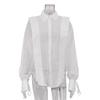 Solid See Through Women Shirt Commut Wear Lapel Long Sleeve Single Button Lace Up Female Blouse 2025 Spring Summer Elegant Office Lady Top