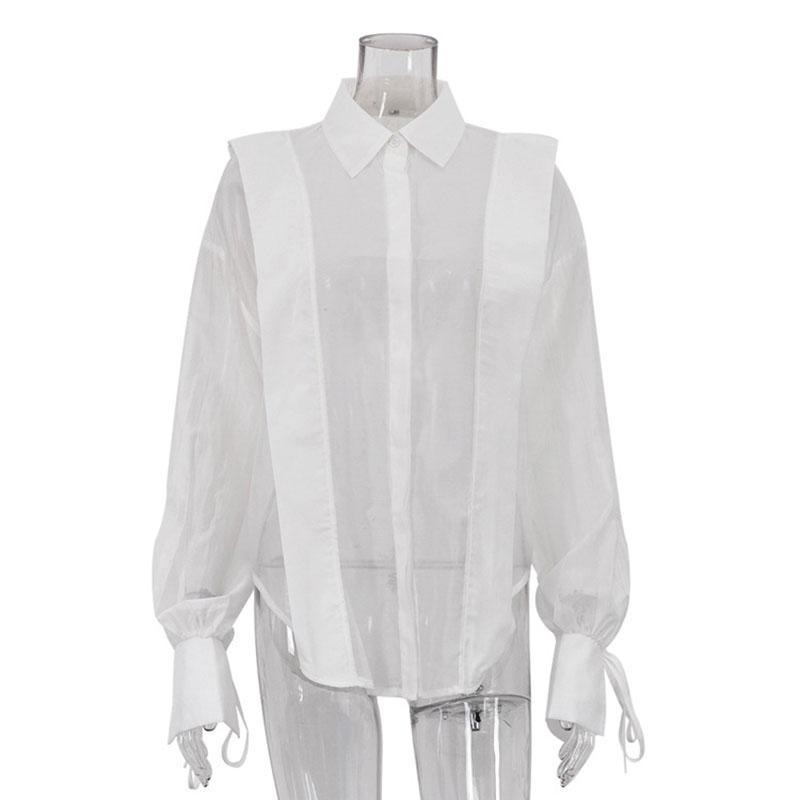 Solid See Through Women Shirt Commut Wear Lapel Long Sleeve Single Button Lace Up Female Blouse 2025 Spring Summer Elegant Office Lady Top