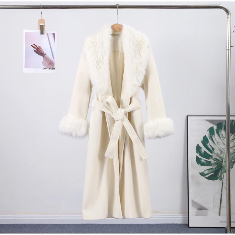 Pelzkragen Schnürwollmantel Damen Herbst und Winter Neuer dicker Mantel Einfarbig Langer modischer Mantel