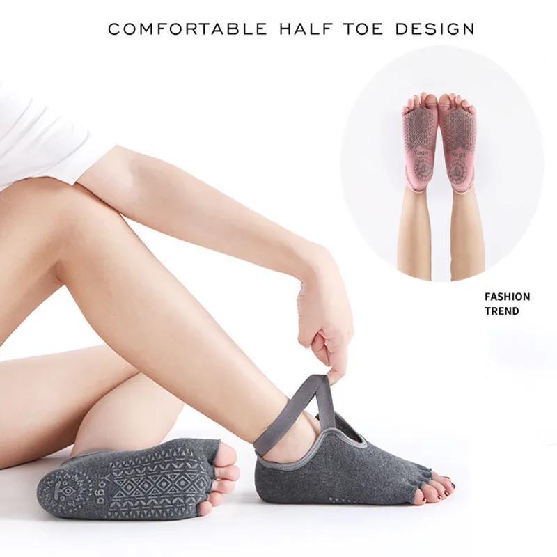 Women Toeless Yoga Socks with Grips Anti-Slip Bandage Sport Socks Ballet Dance Latin Barre Pilates Fitness Equipment Floor Socks