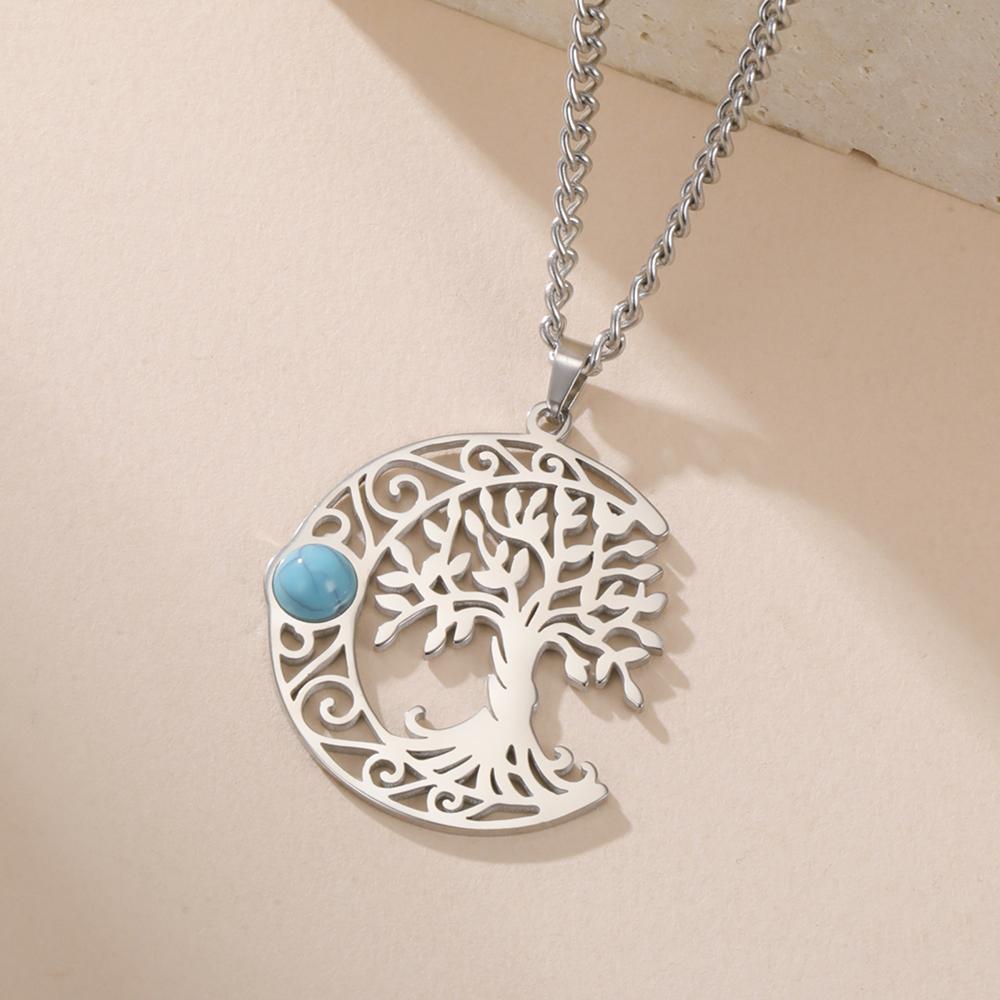 Dawapara Vintage Turquoise Crescent Moon Tree of Life Necklace Filigree Celtics Moon Wiccan Pendant Stainless Steel Jewelry