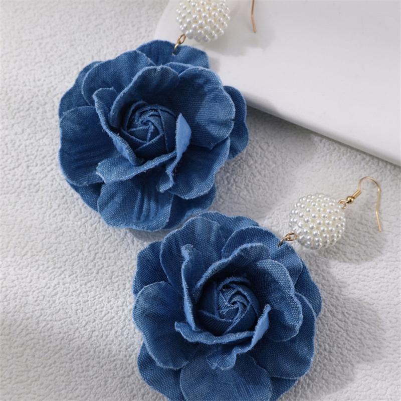 Floral Drop Earrings Lightweight Camellia Earrings Allergy Free Blue Flower Ear Pendants Handmade Denims Ornament