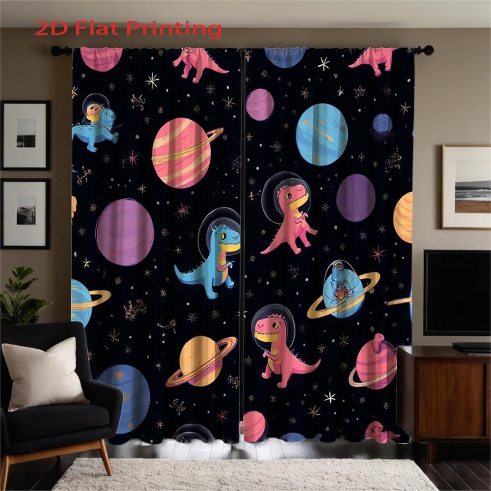 Cute Dinosaur Space Print Curtains Flat Printing Design Semi Transparent Polyester Fabric Vibrant Cartoon Set Of 2 Made With Rod Pocket