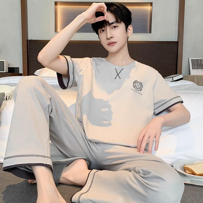 Sleepwear Men's Cotton Summer Pajamas Set Young Boy Nightwear Casual Pjs Short Sleeping Top Dropship Hombre Pijamas