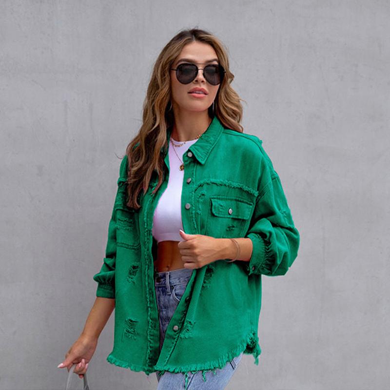 Jachetă din denim de lungime medie pentru femei, cu găuri cu margine brută, toamnă și iarnă, cu mâneci lungi, casual cu revere