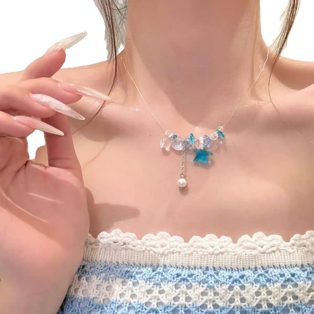 Ocean Elf~ Vacation Wind Blue Beaded Shell Star Necklace Female Premium Neck Chain Collarbone Chain Choker