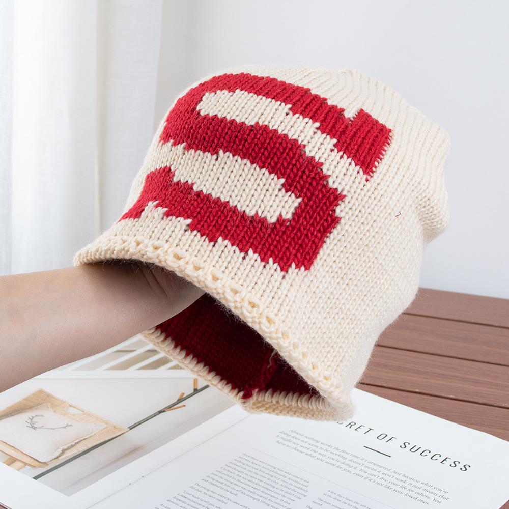 American loose retro contrasting color thick knitted hat bag head hat women's autumn and winter warm face small cold hat stack hat