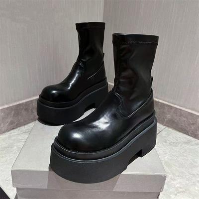 Platform Muffin Locomotive Boots 2025 New Super High Heel Small Elastic Thin Boots Heightening Martin Boots Women's Shoes