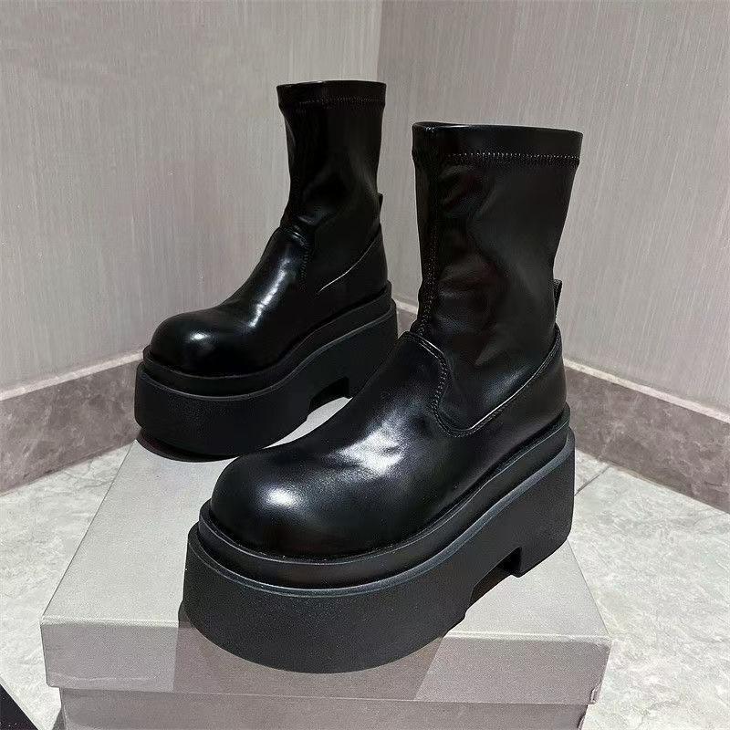 Platform muffin locomotive boots 2025 new super high heel small elastic thin boots heightening Martin boots women's shoes