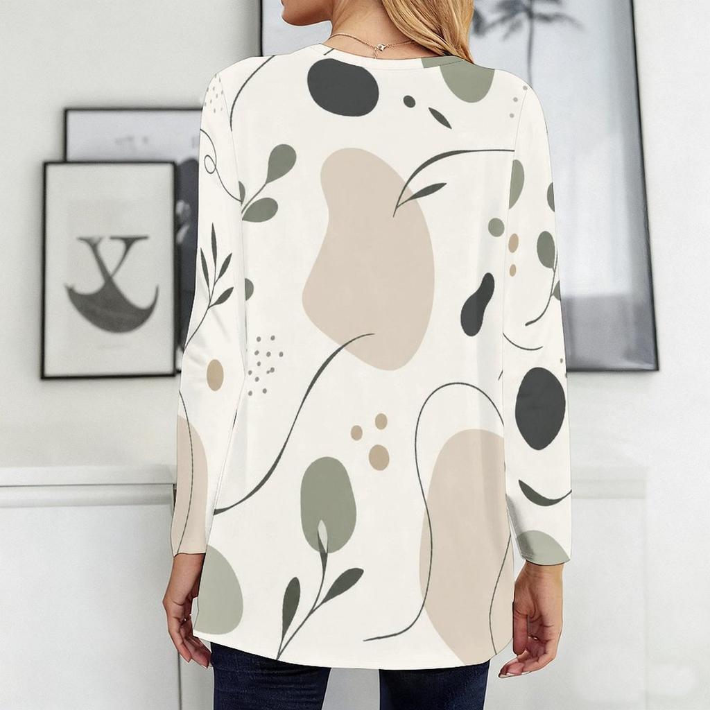 Women Plus Size Round Neck Long Sleeve Abstract Printed Loose Longline T Shirt With Pockets