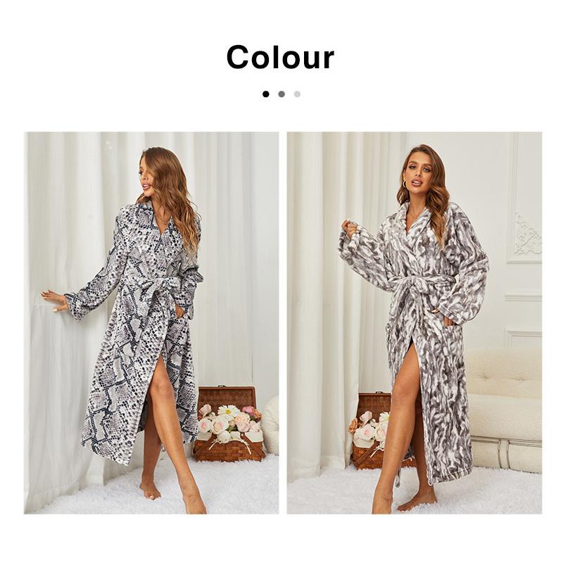 Autumn Winter Lapel Extended Printed Bathrobe Pajamas Nightgown Casual Flannel Nightgown Womens Wear Clothing