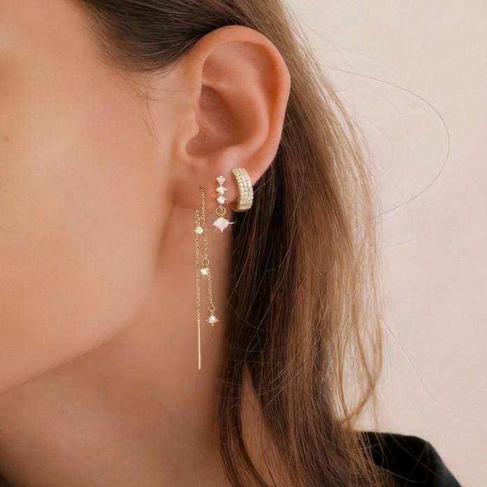 European & American Gold-Plated Brass Earrings: Zirconia Inlaid Tassel Fairy Style