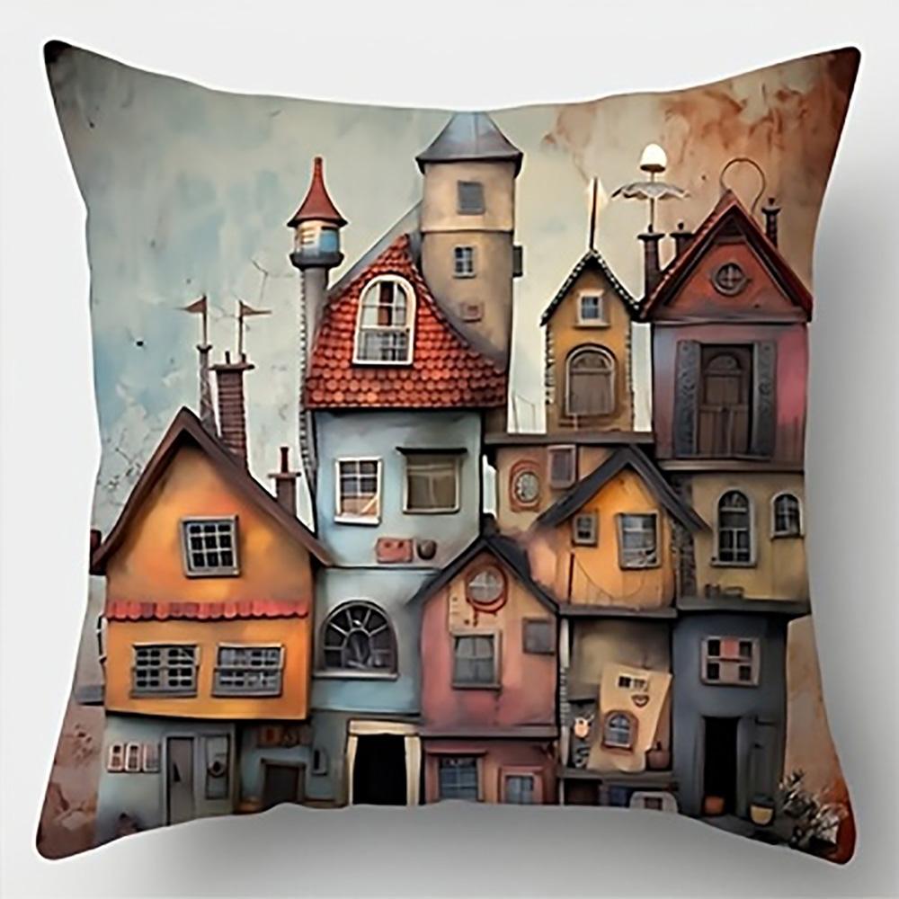 1/4pcs 2D Flat- Whimsical Storybook Tiny Town Decorative Throw Pillow Cover Home Farmhouse Outdoor Decoration Cushion Cover