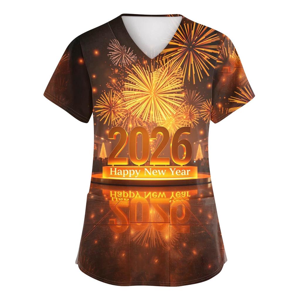 Damenmode Bedruckte Kurzarm-Oberteile mit V-Ausschnitt und Muster, Taschen, Arbeits-T-Shirts