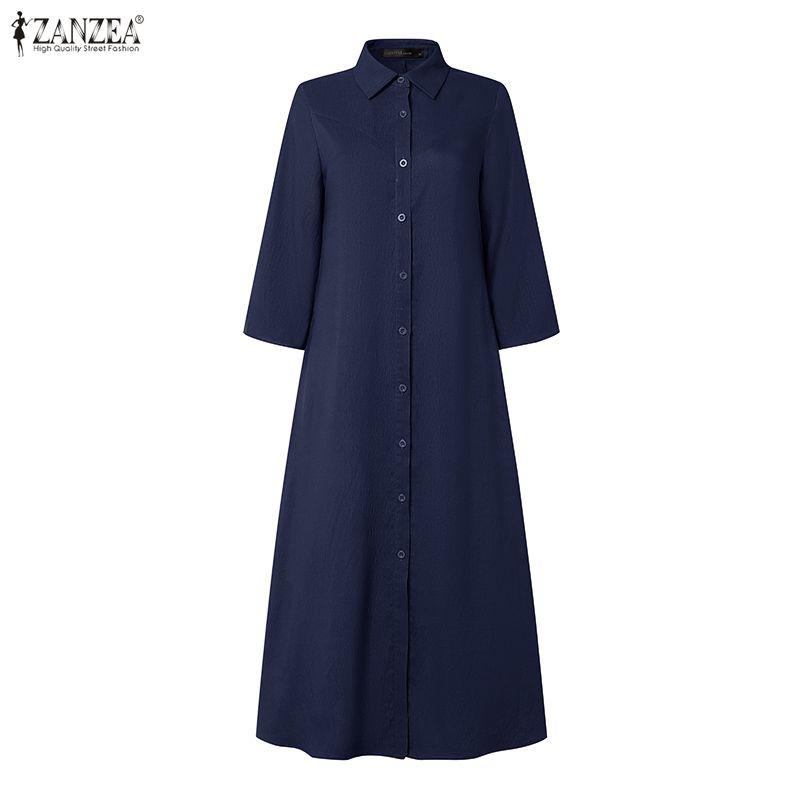 ZANZEA  Women Casual Lapel 3/4 Sleeve Button Down Midi Shirts Dress
