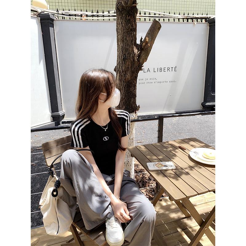 White three-bar embroidered design short-sleeved T-shirt for women's summer slim-fit round neck shoulder sleeves small short top