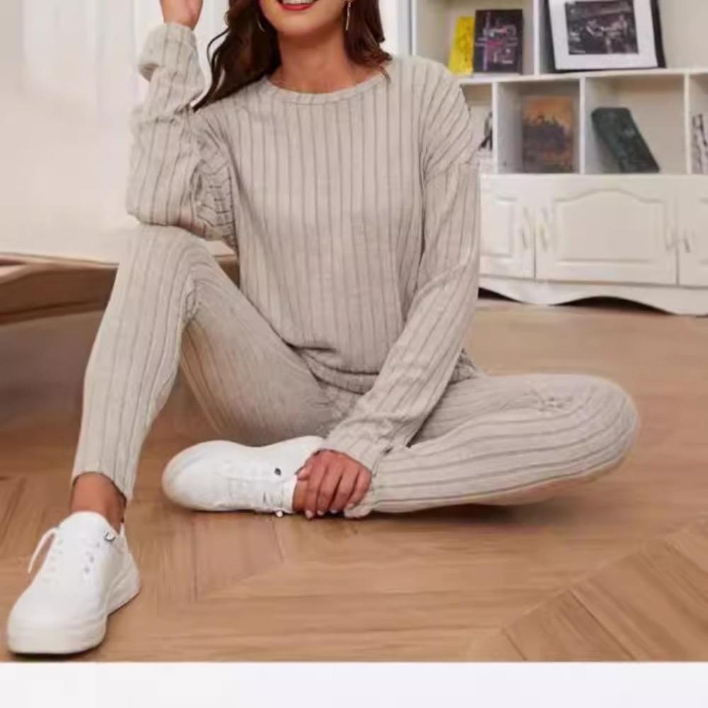 2 Piece Set Women Autumn New Fashion Casual Elegant Loose Crew Neck Ribbed Knit Outfit