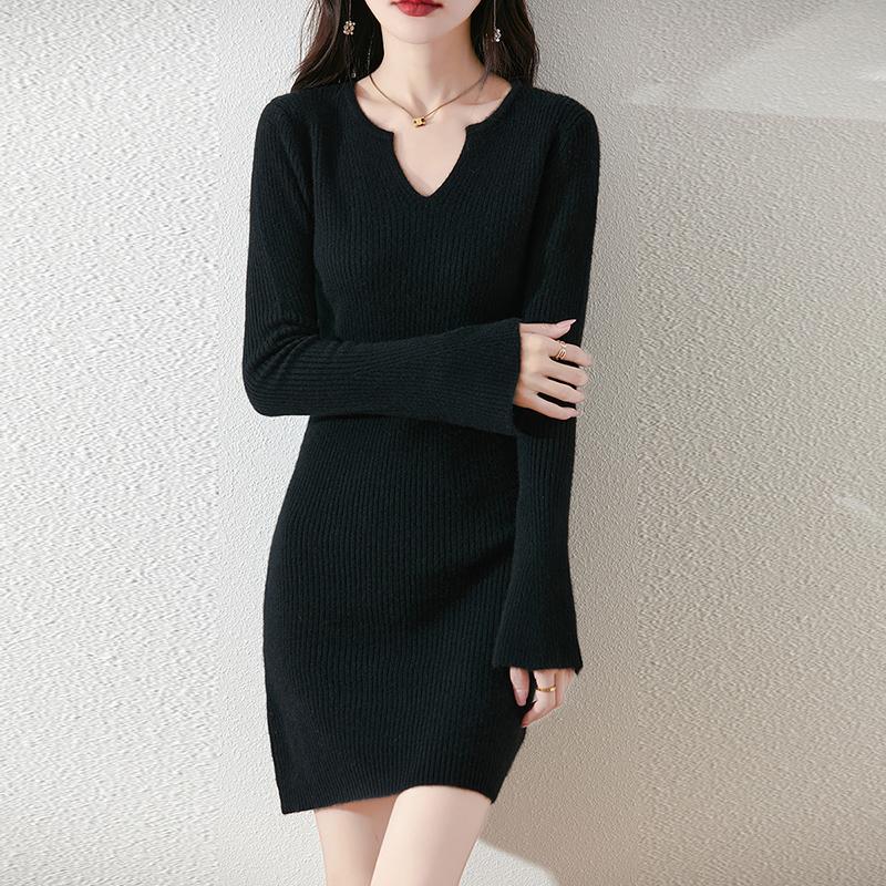 Women Sweater Dress 100% Wool V-neck Knit Long Pullover Winter Jumpers Wool Long Dress Female