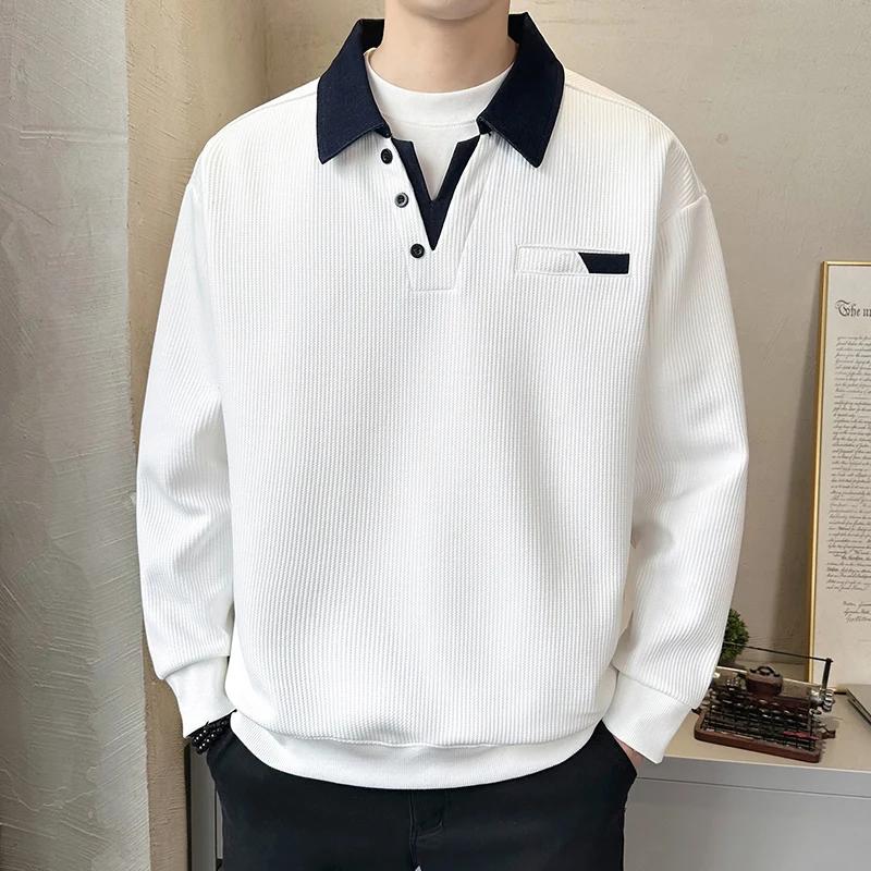 

Spring Autumn Men s Turn Down Collar Sweatshirt Patchwork Fashion Loose Pullover Hoodie Men Youthful Vitality Cotton Daily Tops L білий