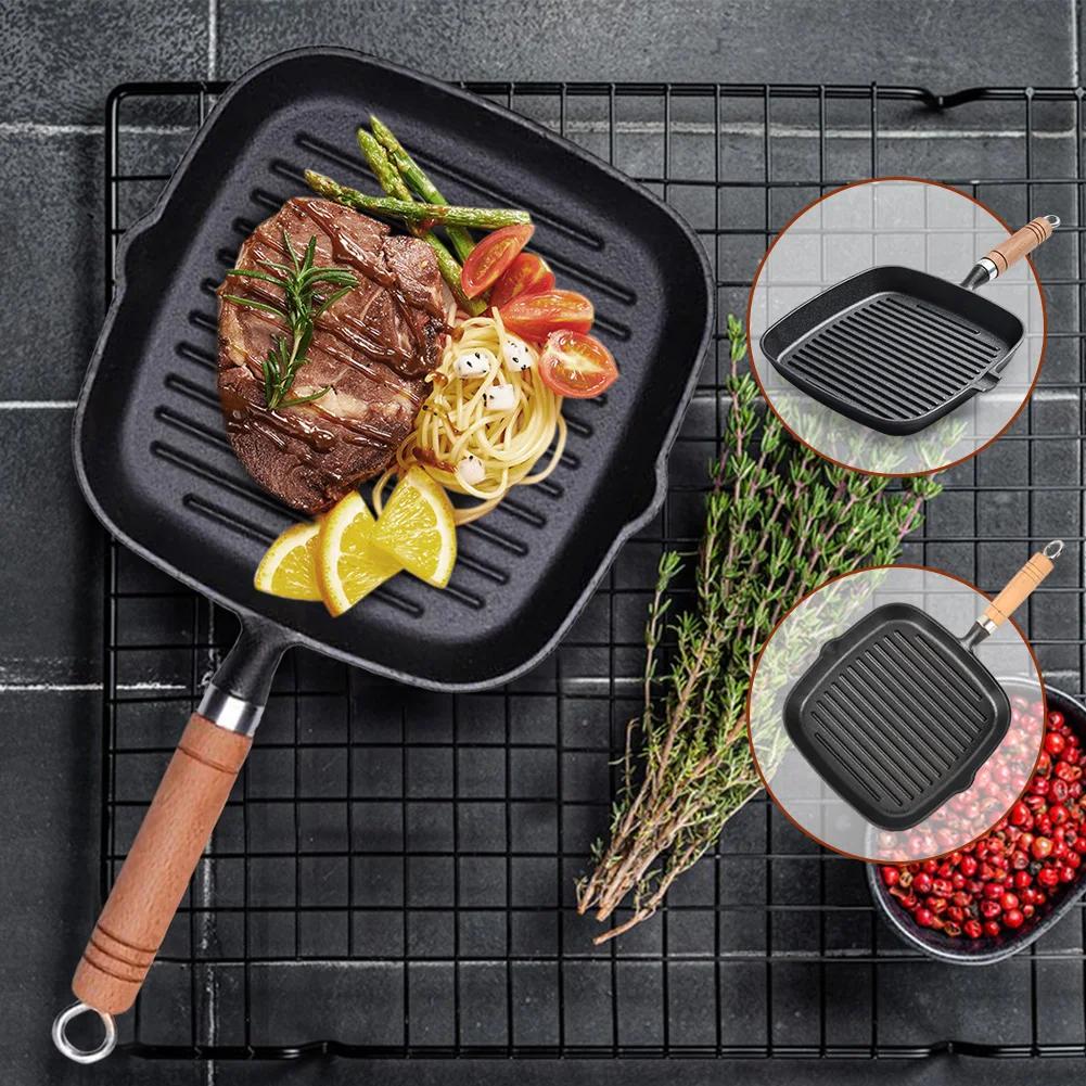 Cast Iron Grill Pan Non-Stick Square Skillet with Drip Spout with Wooden Handle for Indoor & Outdoor Grilling