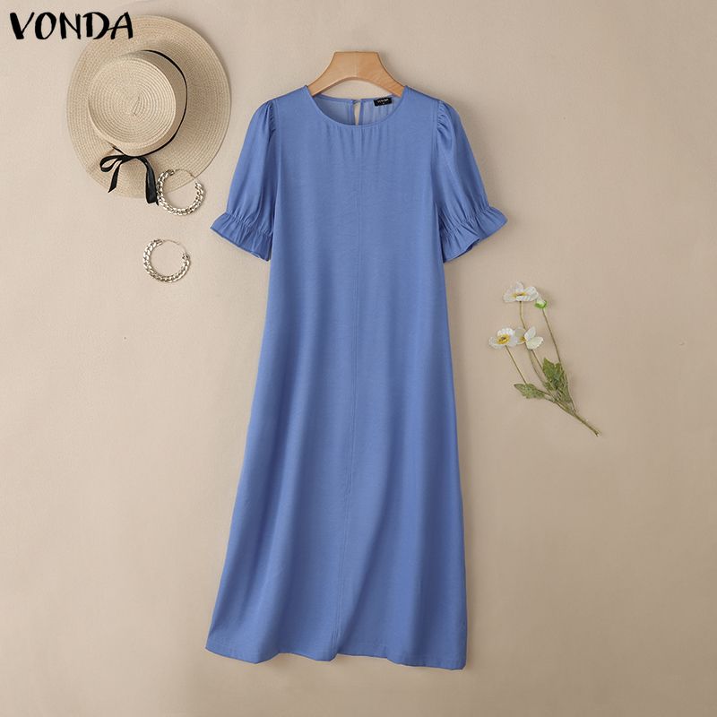 VONDA Women Elegant Round Neck Short Sleeve Ruffled H Line Casual Long Dress