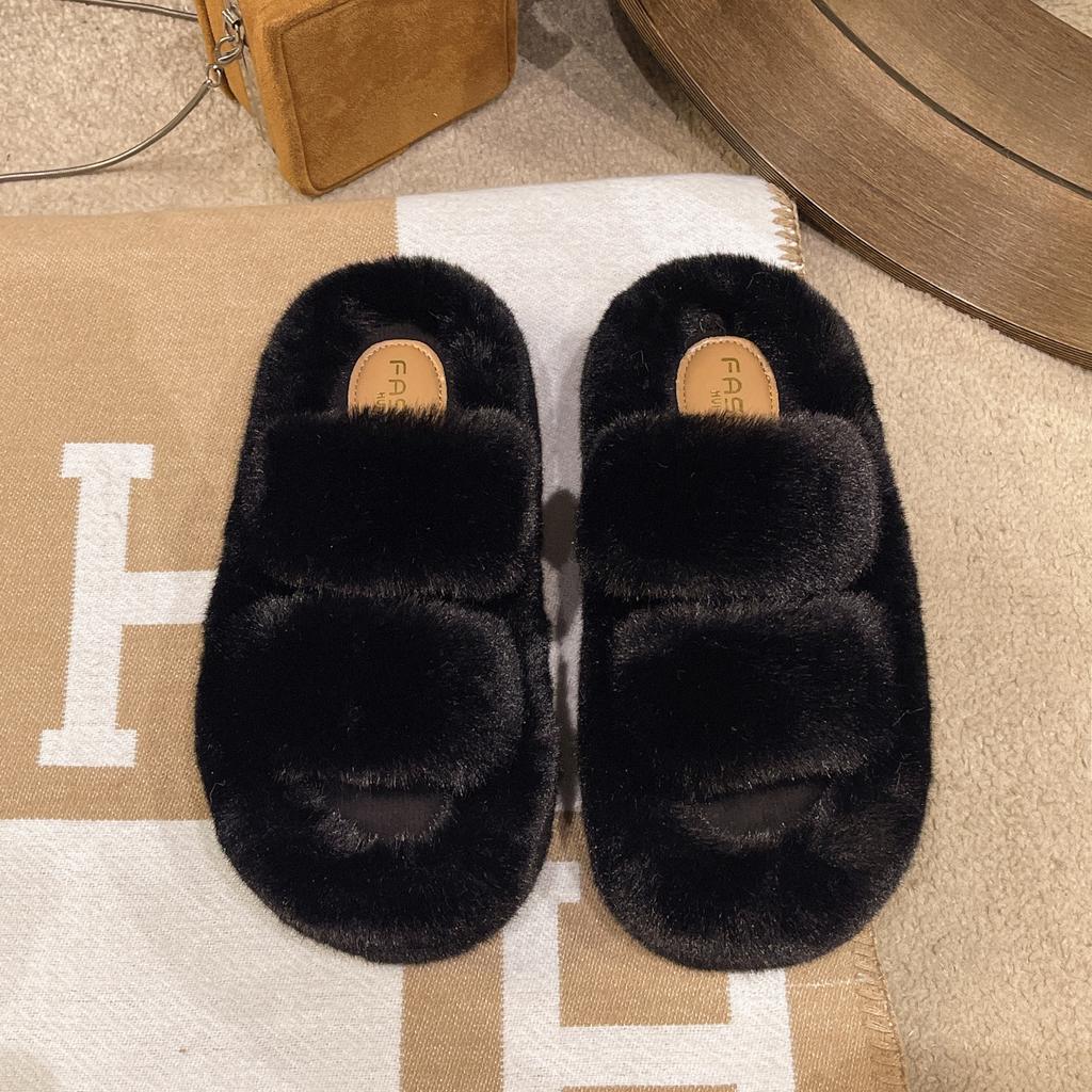 2024 autumn and winter new fluffy slippers women wear large size thick bottom plush office home versatile cotton slippers women
