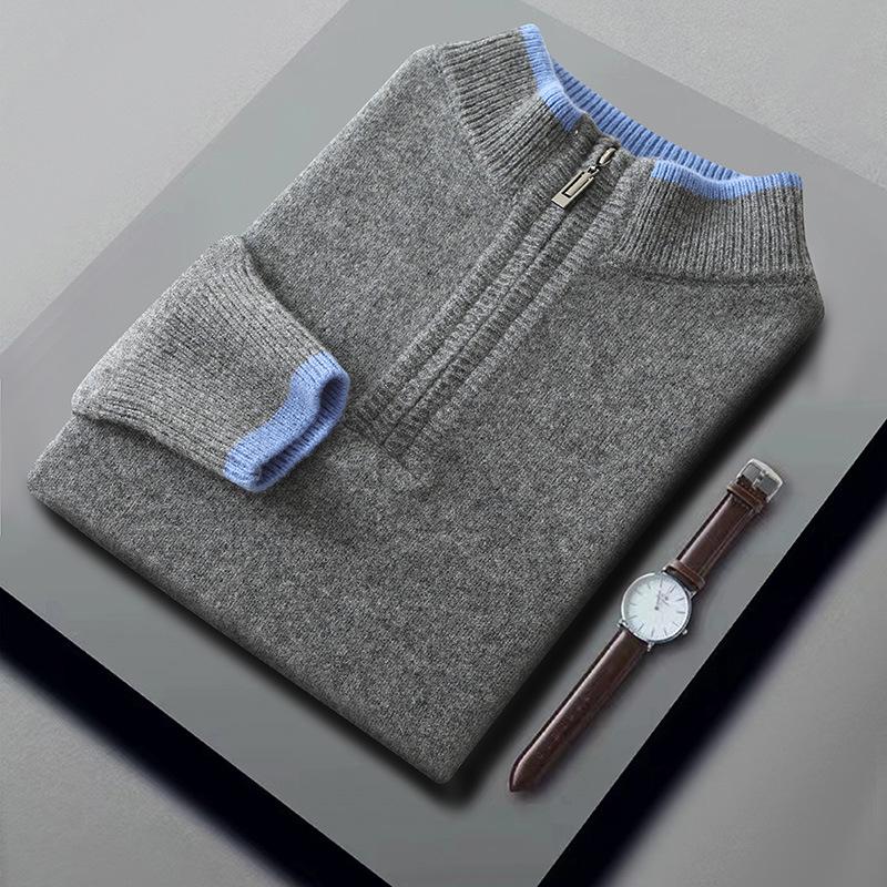 Men's Autumn/Winter Wool Knit Zipper Pullover - Seven-Needle Thickened Half-High Collar Sweater
