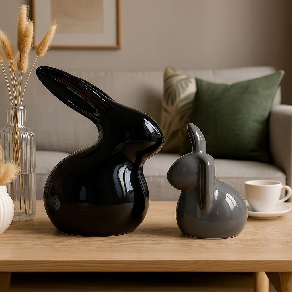 Home Decor Ceramic Rabbit Figurines (Set of 2, Black and Grey)